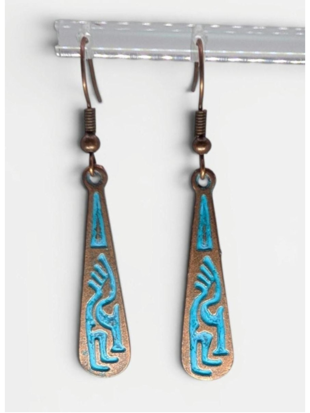 Kokopelli Dangle Earrings, Antique Style Copper Patina Tone Southwestern - Picture 4 of 10